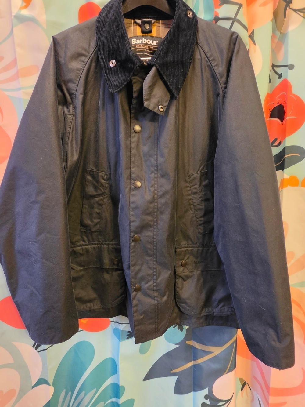 Barbour Men's Dark Navy Waxed Field Jacket with Black Corduroy Collar